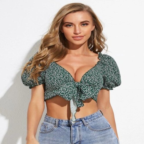 NEW Floral Print Front Tie Crop Top Boho Puff Slv - Picture 5 of 5